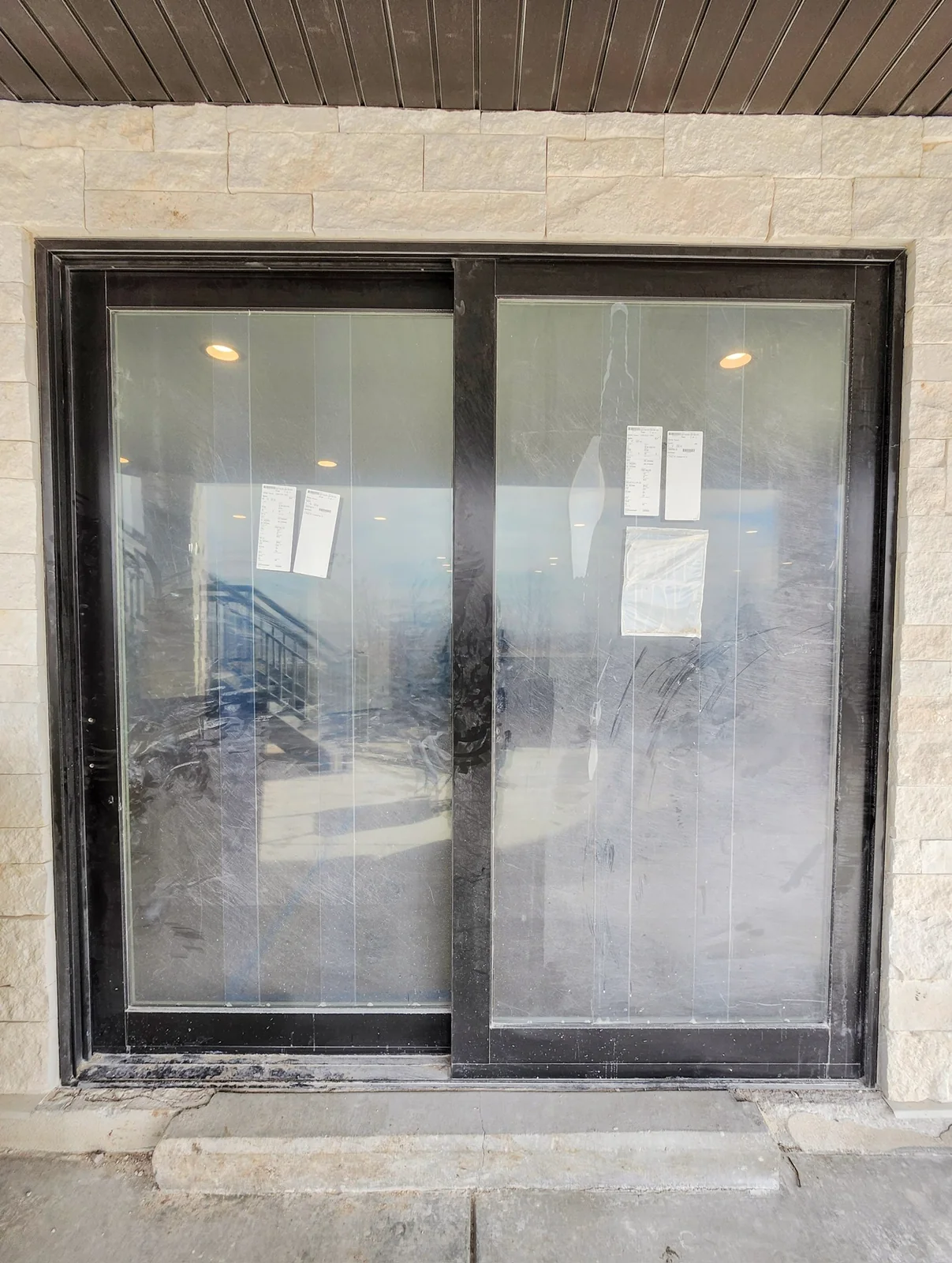 Post-construction glass before cleaning